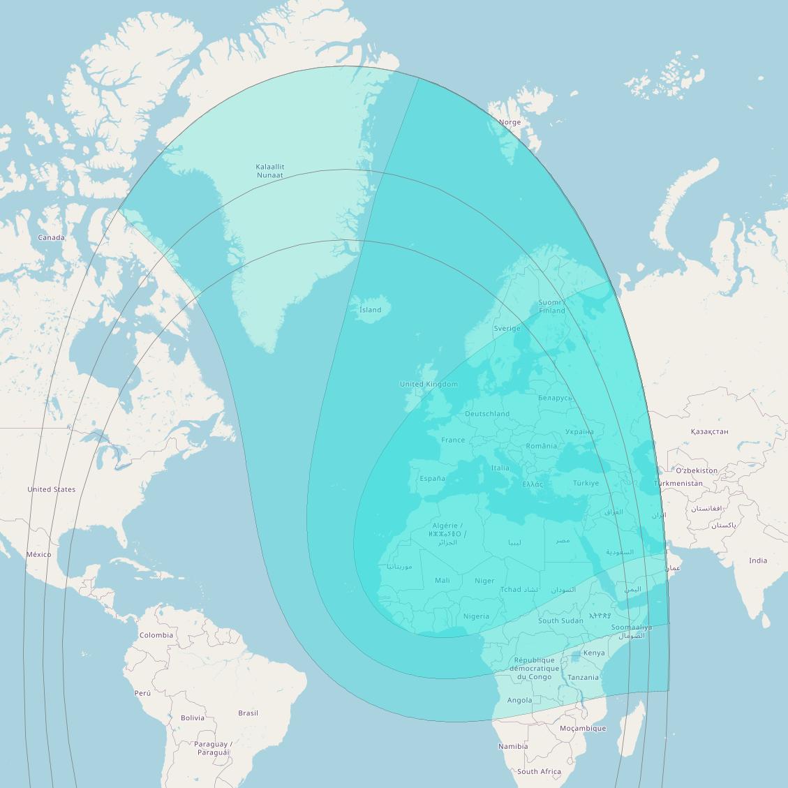 AlComSat 1 at 25° W downlink L-band Navigation beam coverage map