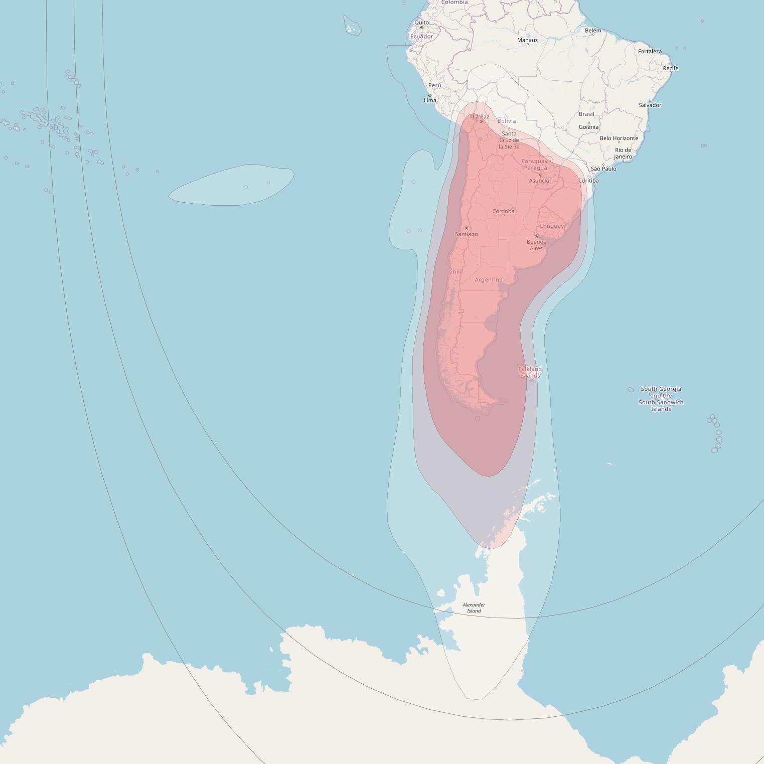 Telstar 14R at 63° W downlink Ku-band South Cone beam coverage map