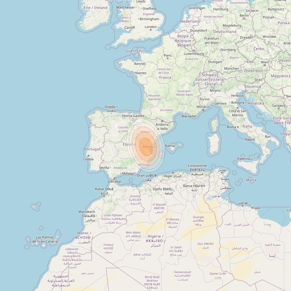 Eutelsat KA-SAT 9A at 9° E downlink Ka-band Spot 07 (GW7) beam coverage map